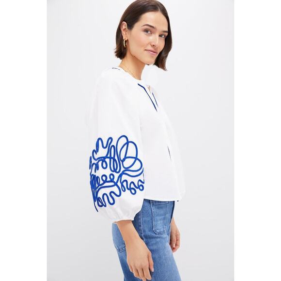 HYACINTH HOUSE White & Royal Blue Soutache Stella Blouse Size L NWT - Picture 6 of 8